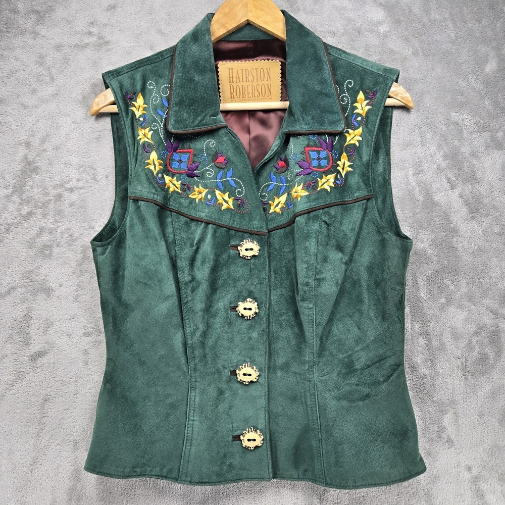 Vintage Hairston Roberson Suede Embroidered Western Vest Green Small Rare